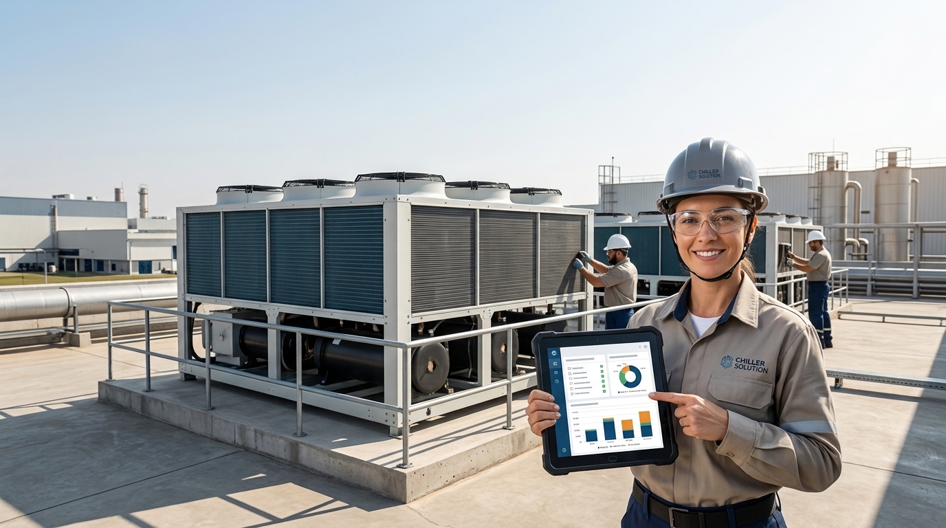 Técnico realizando manutenção preventiva em chiller industrial