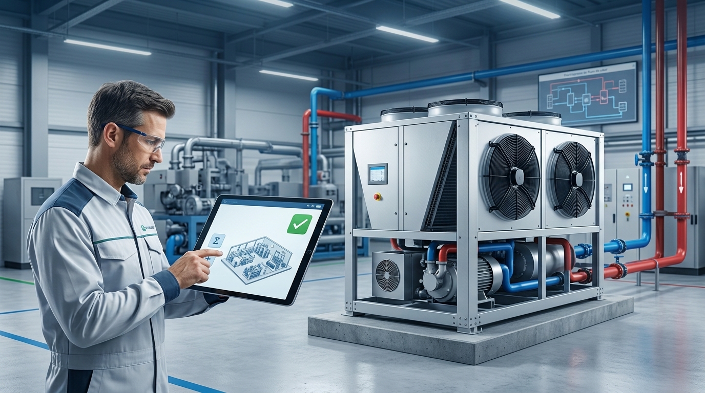 Chiller industrial com painel de comando, unidade compacta em ambiente técnico