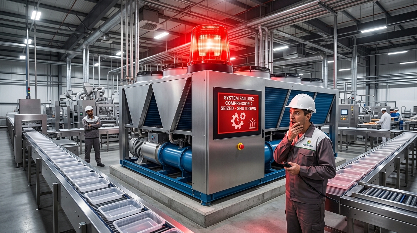 Chiller industrial em casa de máquinas, técnico avaliando o painel de comando