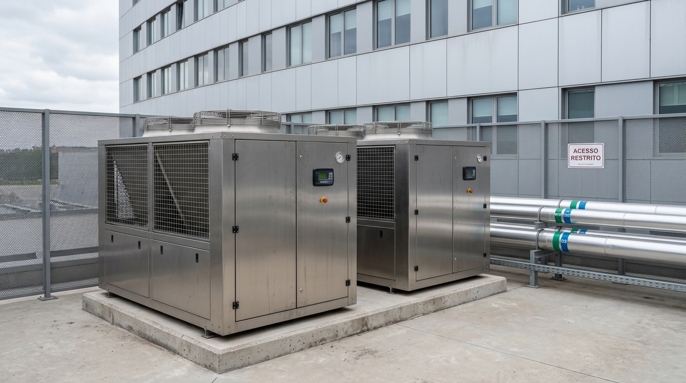 Chiller industrial instalado em casa de máquinas, com painel de comando
